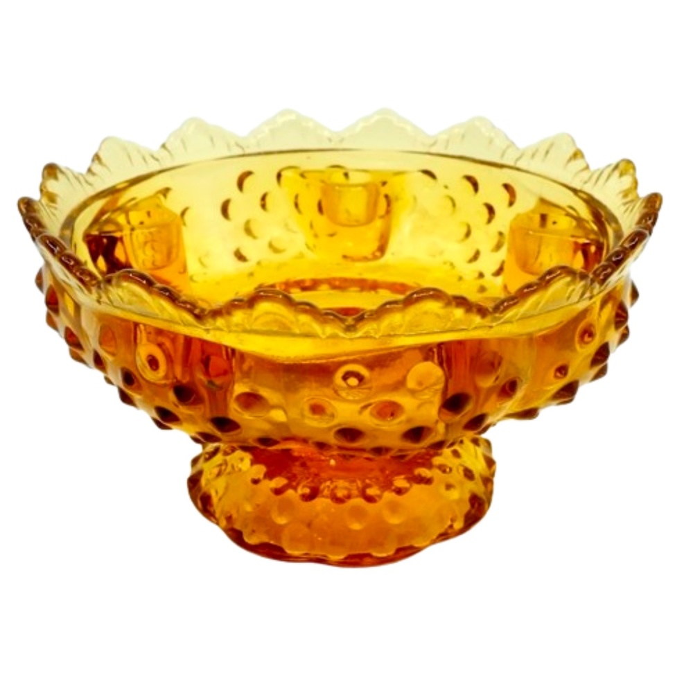 VINTAGE 60s~FENTON Art Glass Footed Candle Holder Colonial Amber Hobnail~SIGNED